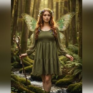 Old Navy Forest Fairy Long Sleeve Peasant Dress XL Green Eyelet Cottage Boho